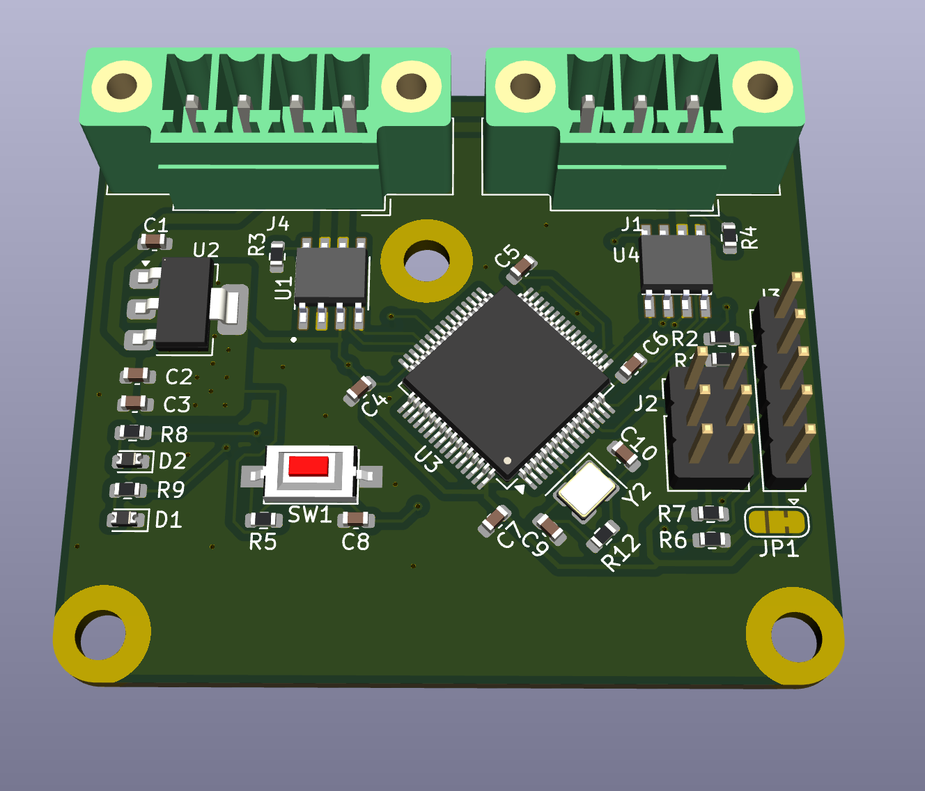 Rendu 3D de la passerelle LIN vers CAN : carte STM32F107 avec borniers verts
