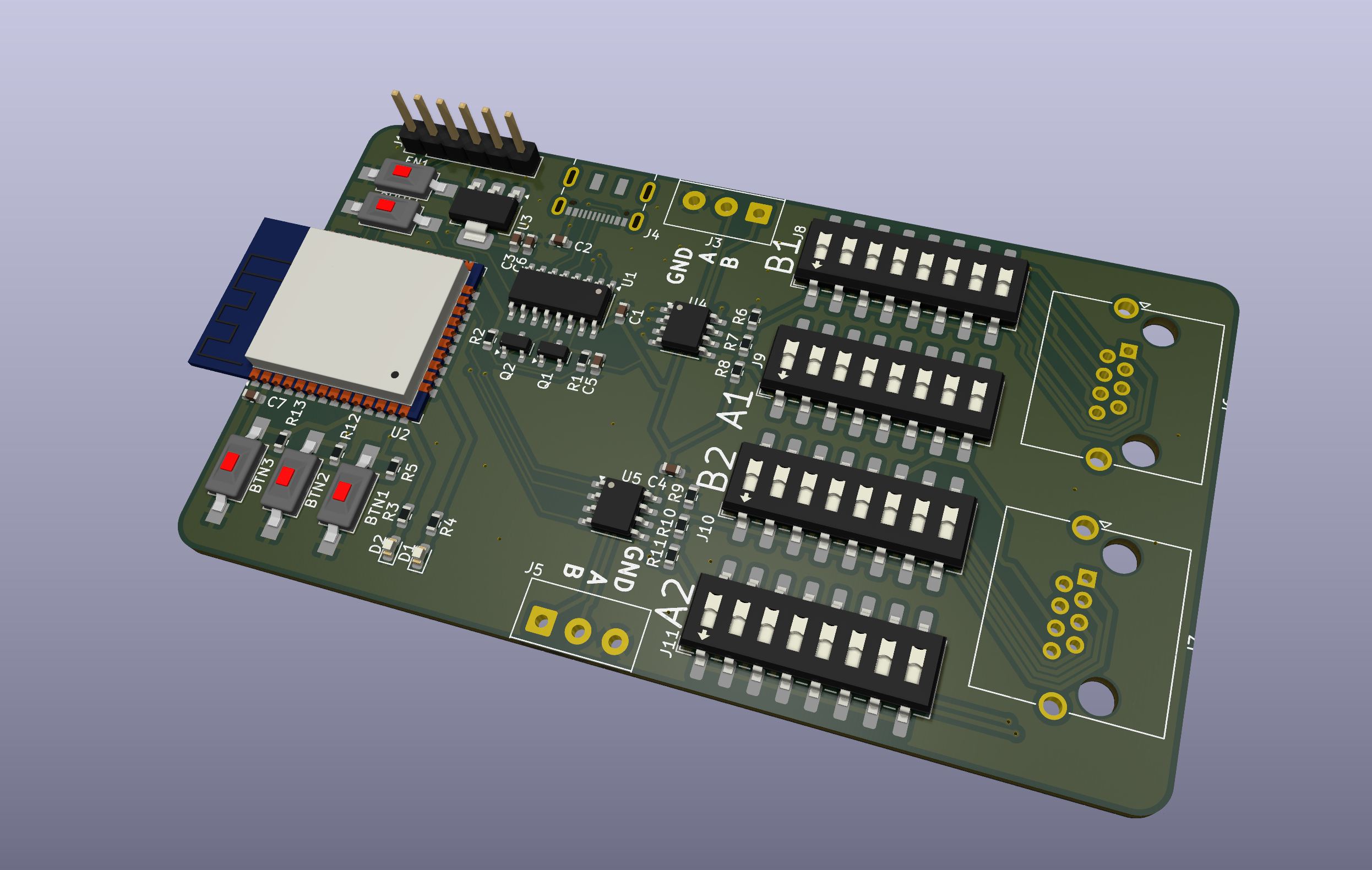 Rendu 3D de l'outil RS-485 Spy / Injector : ESP32, DIP switches et connecteurs RJ45